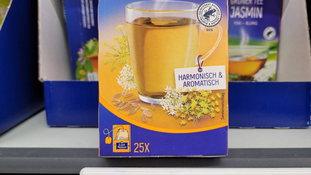 Anis-Fenchel-Kümmel-Tee getestet: Nahaufnahme der Verpackung mit Angaben zum Inhalt.