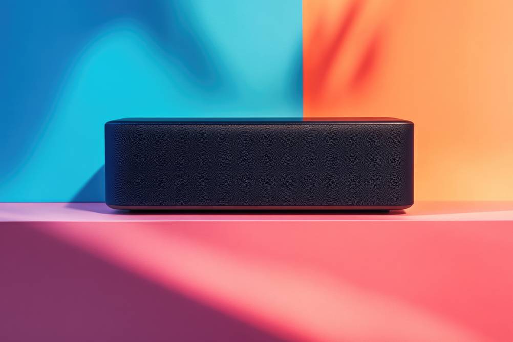 Anker-Bluetooth-Lautsprecher im Test: Ein rechteckiger, schwarzer Lautsprecher vor farbigem Hintergrund.