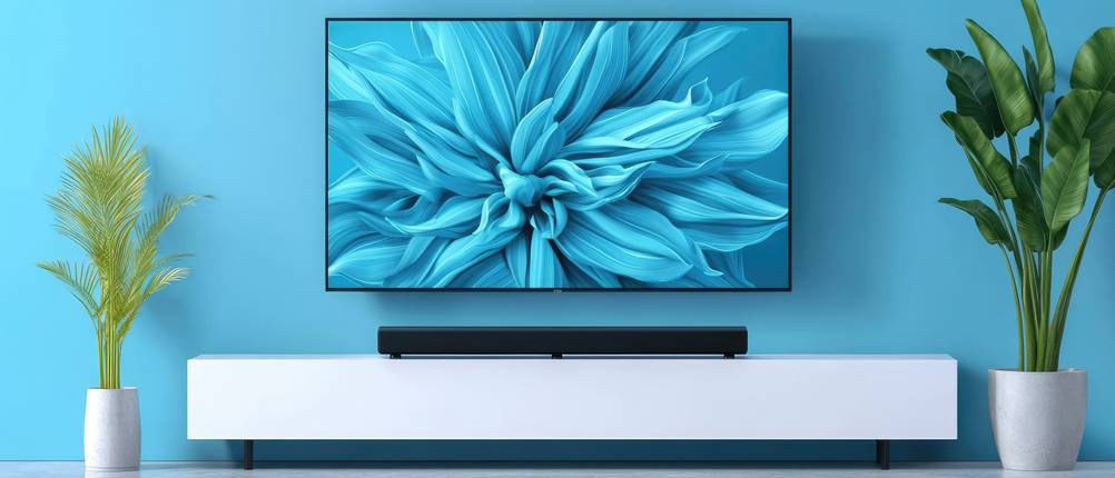 Anker-Bluetooth-Lautsprecher im Test: Ein TV mit Lautsprecher ohne Kabel in einer stylischen Umgebung in Hellblau, Weiß und Grün mit zwei Zimmerpflanzen.