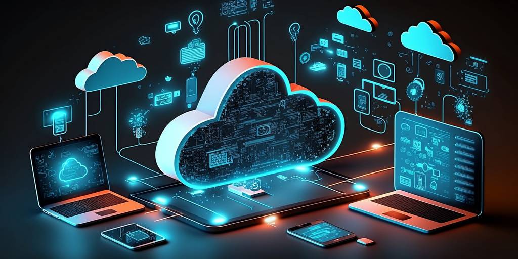 Grafische Darstellung von unterschiedlichen Geräten, die über die Cloud miteinander verknüpft sind.
