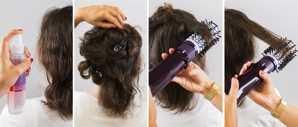 Collage zeigt die Anwendung einer Warmluftbürste.