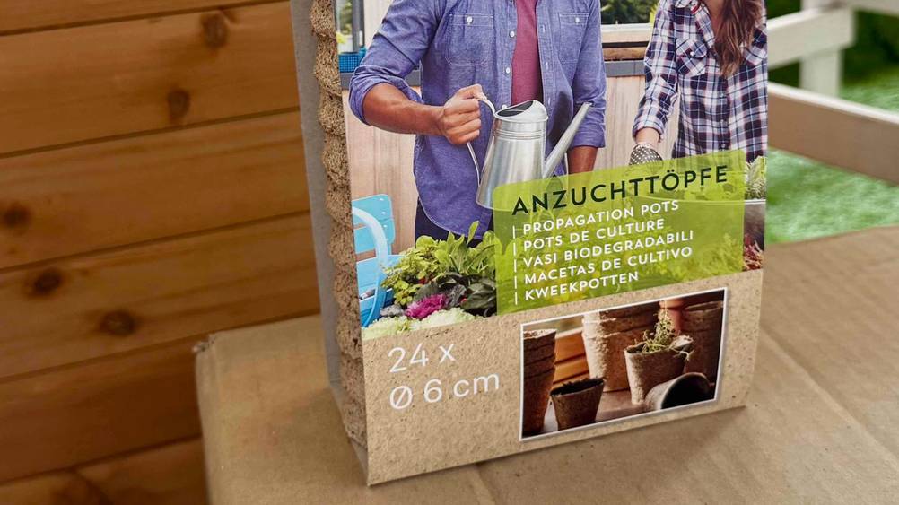 Anzuchttopf getestet: Nahaufnahme der Verpackung mit Artikelbezeichnung.