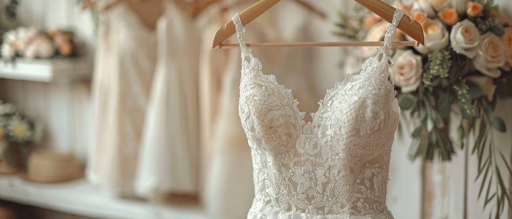 Anzugtaschen im Test: weißes Hochzeitskleid, das auf einem Kleiderbügel in einem Brautzimmer hängt