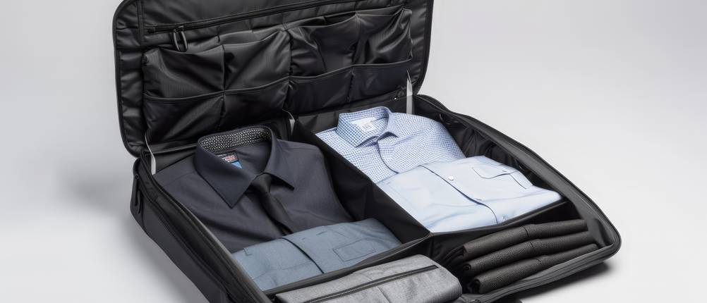 Anzugtaschen im Test: Reisetasche mit integriertem Bekleidungsfach offen präsentiert, zeigt die ordentlich verpackte formelle Kleidung, ideal für Geschäftsreisende, die ihre Anzüge knitterfrei halten müssen