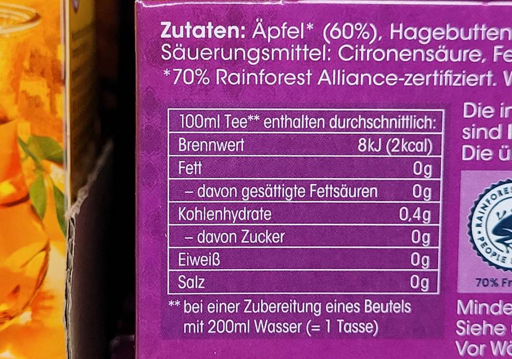 Apfeltee im Test: Nahaufnahme der Nährwerte.