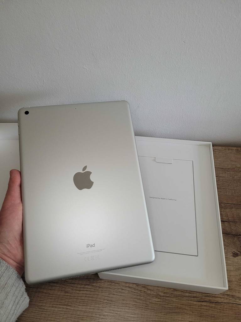 iPad getestet: Eine Hand hält ein Gerät mit dem Logo nach oben über seine Verpackung.
