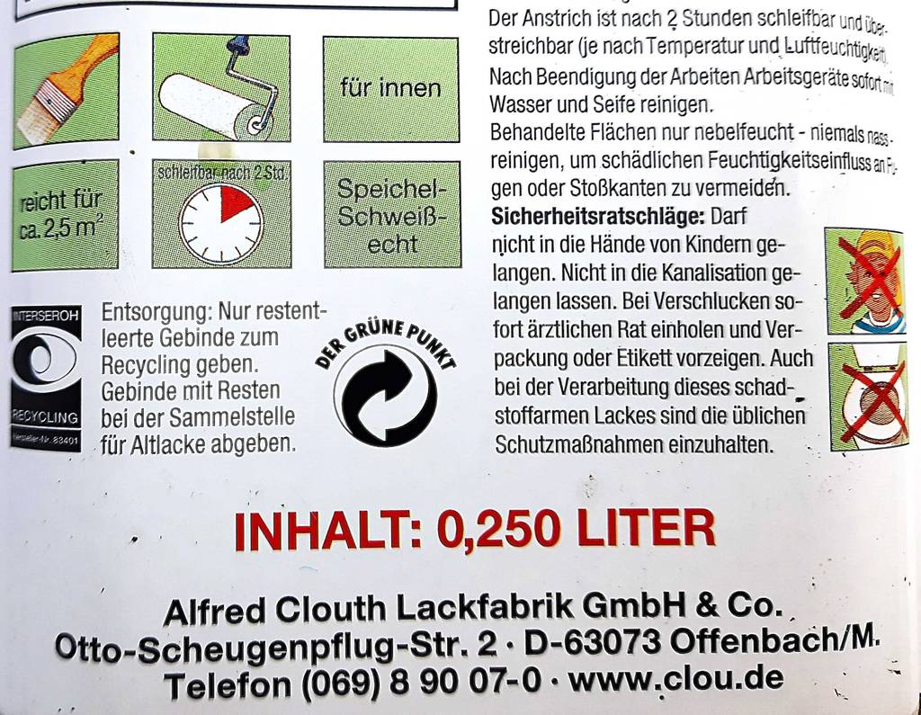 Detailansicht der bebilderten Produktbeschreibung auf der 250-ml-Dose eines getesteten Holz-Klarlacks.