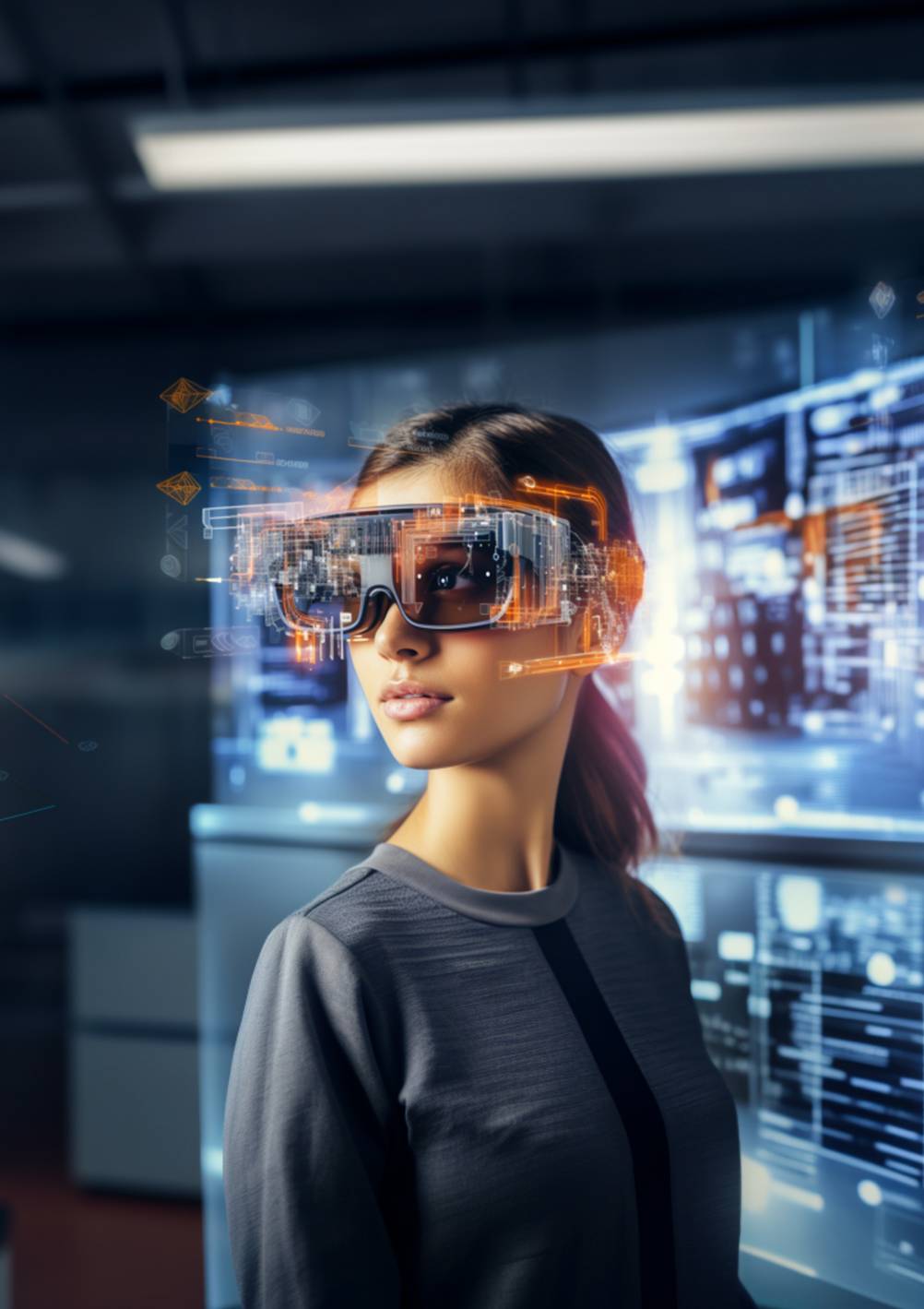 AR-Brille im Test: Eine junge Frau mit AR-Brille bewegt sich durch einen Raum mit virtuellen Displays.