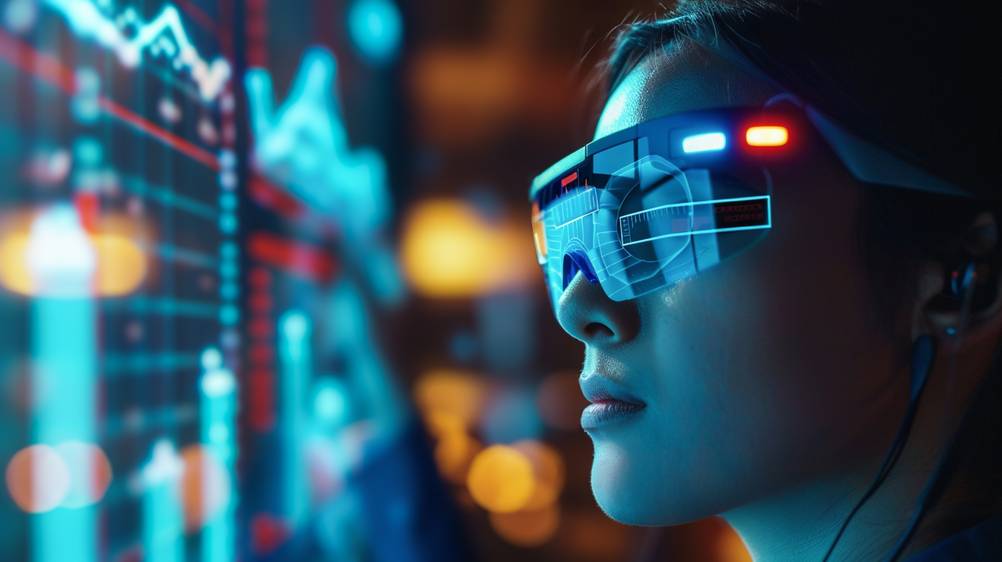 AR-Brille im Test: Ein KI-erzeugtes Bild zeigt eine junge Frau mit AR-Brille – vor ihr ist ein virtueller Bildschirm angedeutet.