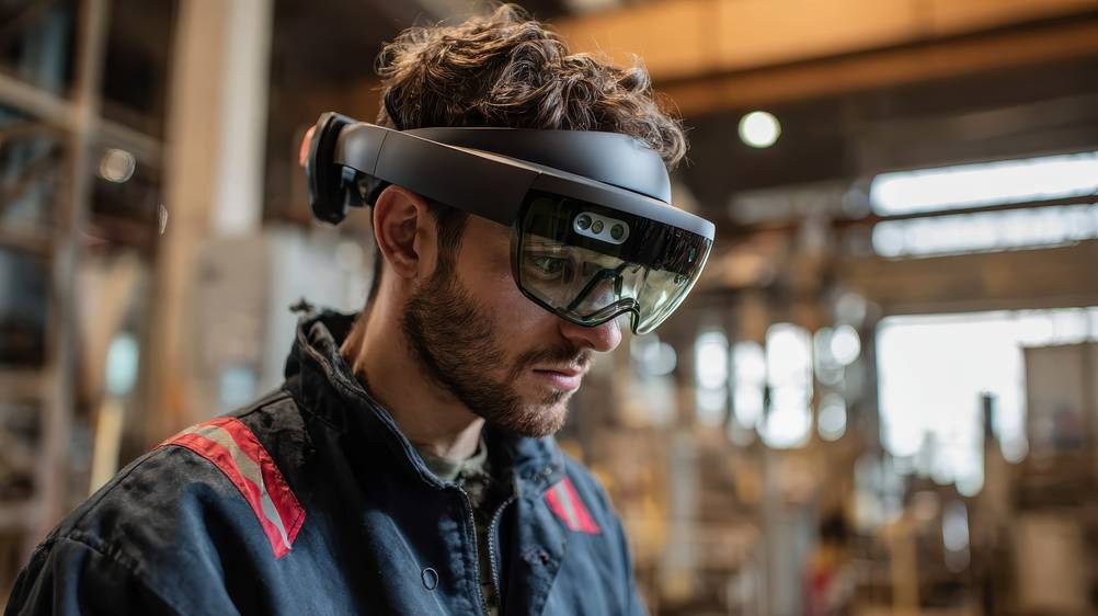 AR-Brille im Test: ein junger Mann mit AR-Brille im Betrieb (Handwerk oder Industrie).