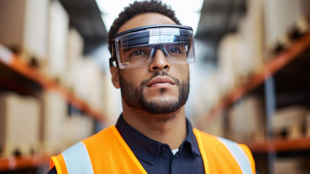 AR-Brille im Test: Ein Mann mit Signalweste steht zwischen zwei Hochregalen und trägt eine AR-Brille.