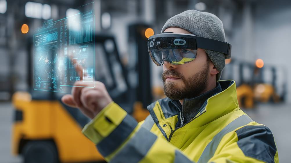 AR-Brille im Test: Ein Mann in einer Logistikhalle berührt mit seinem Zeigefinger einen virtuellen Bildschirm, der hier mit KI sichtbar gemacht ist.