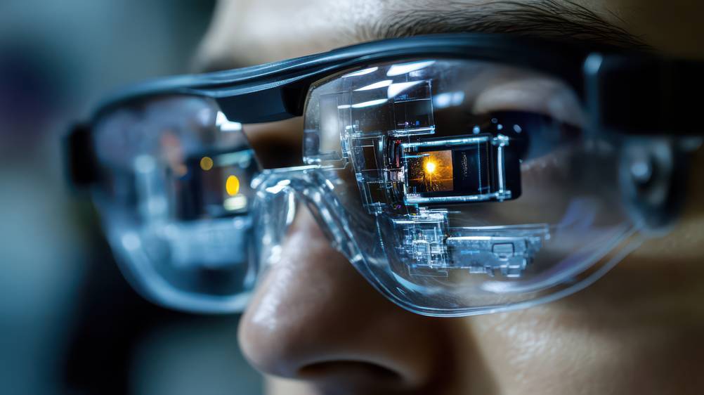 AR-Brille im Test: Ein Gesichtsausschnitt mit einer Ki-erzeugten AR-Brille, die wenig realistisch ist.
