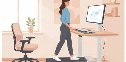 Infografik im Illustrationsstil. Eine Frau läuft auf einem Bürolaufband und schaut dabei auf ihren Computermonitor. Der Schreibtisch ist nach oben gestellt. Im Hintergrund ist ein Bürostuhl sowie ein Fenster zu sehen. Oben links im Bild ist das Logo von vergleich.org