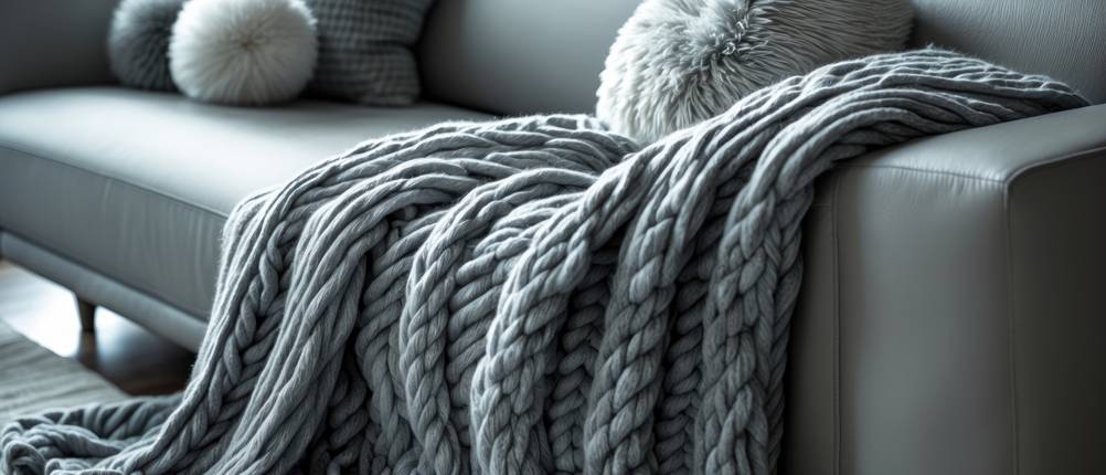 Armstrick-Wolle-Test: armgestrickte graue Decke, die über über den Sofarand hängt