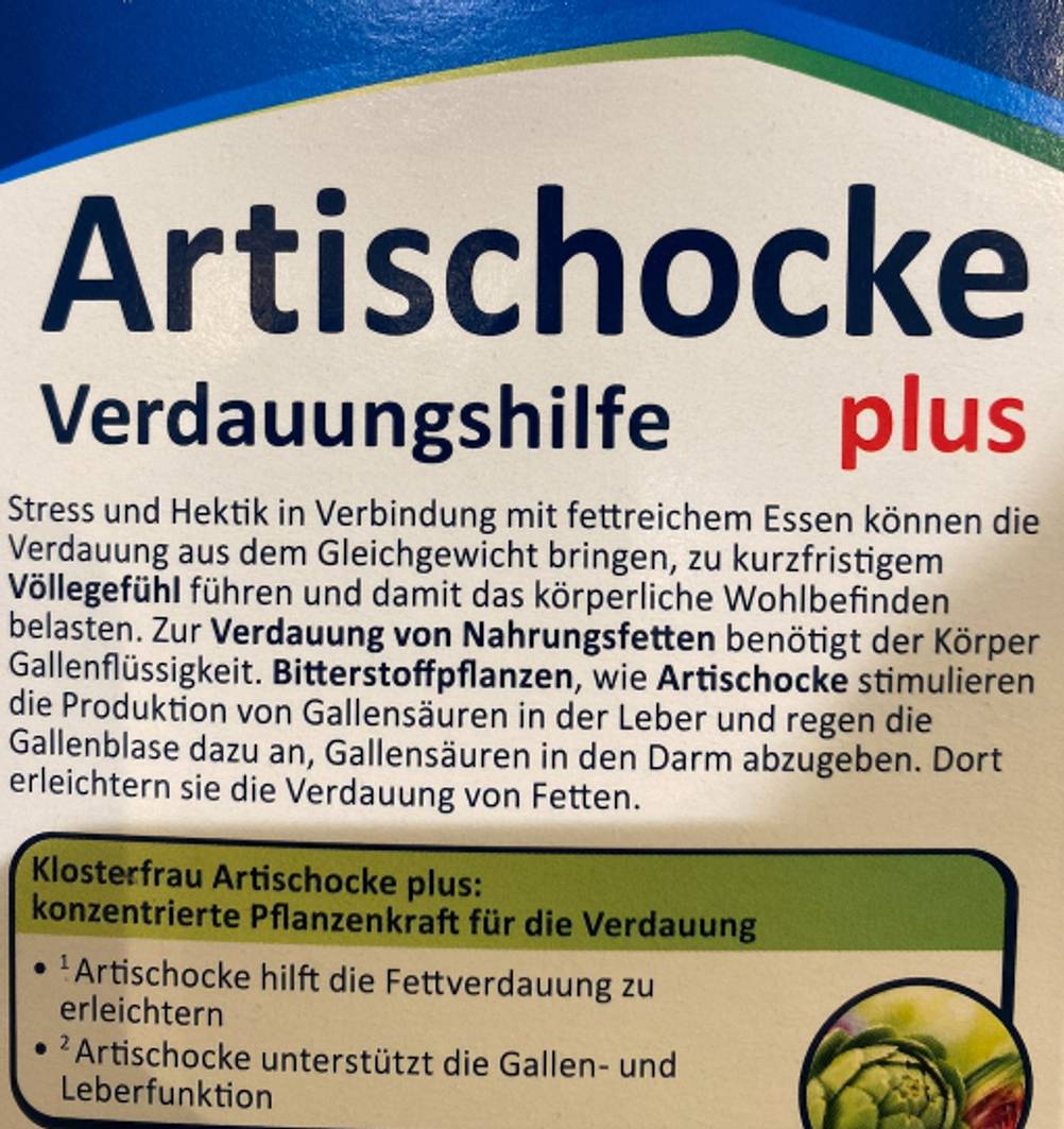 Artischocken-Kapseln getestet: Nahaufnahme der Rückseite der Packung mit Informationen.