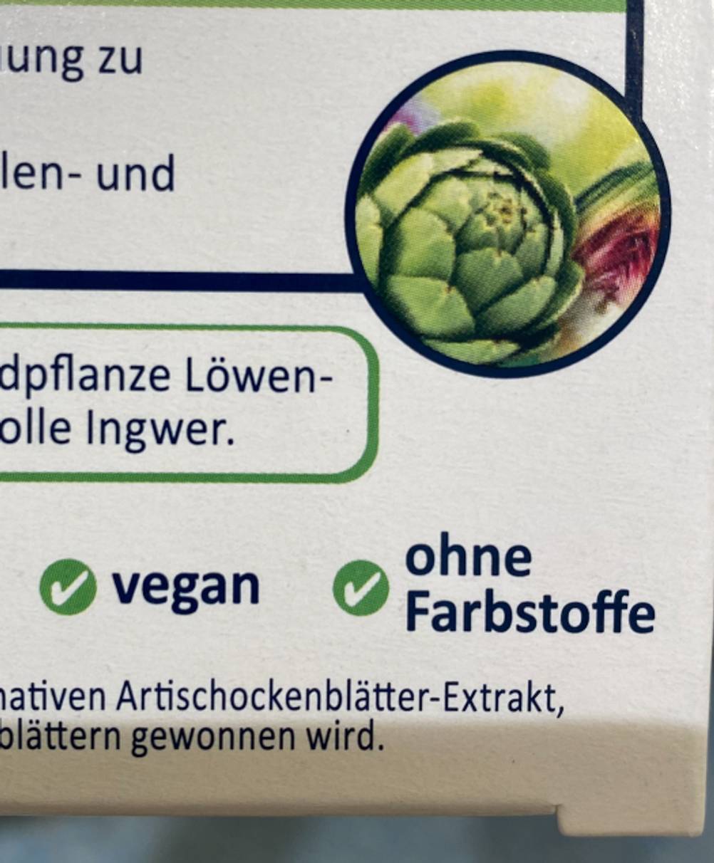Artischocken-Kapseln-Test: Nahaufnahme der Rückseite der Verpackung.