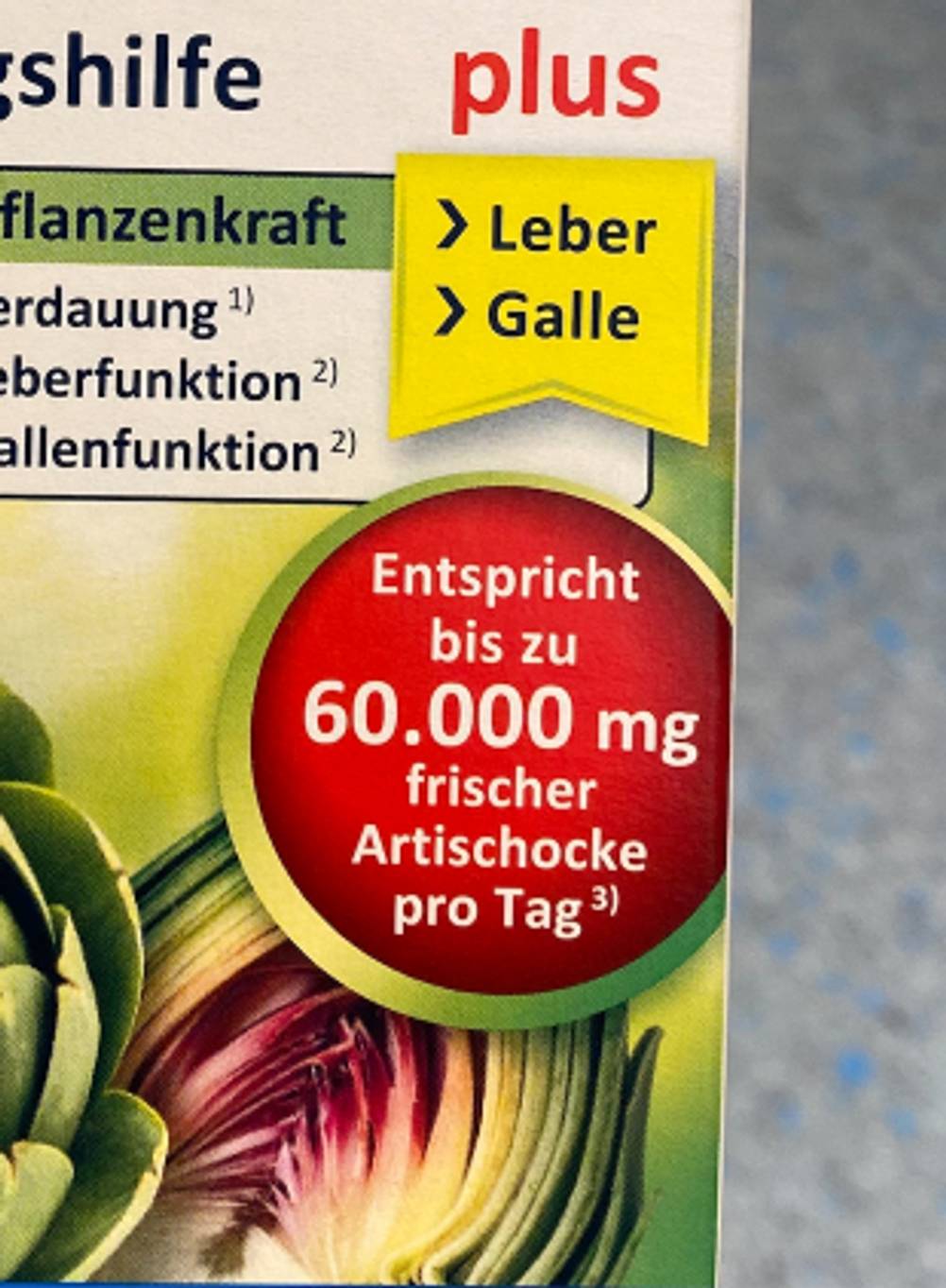 Artischocken-Kapseln getestet: Nahaufnahme der Verpackung mit Informationen.
