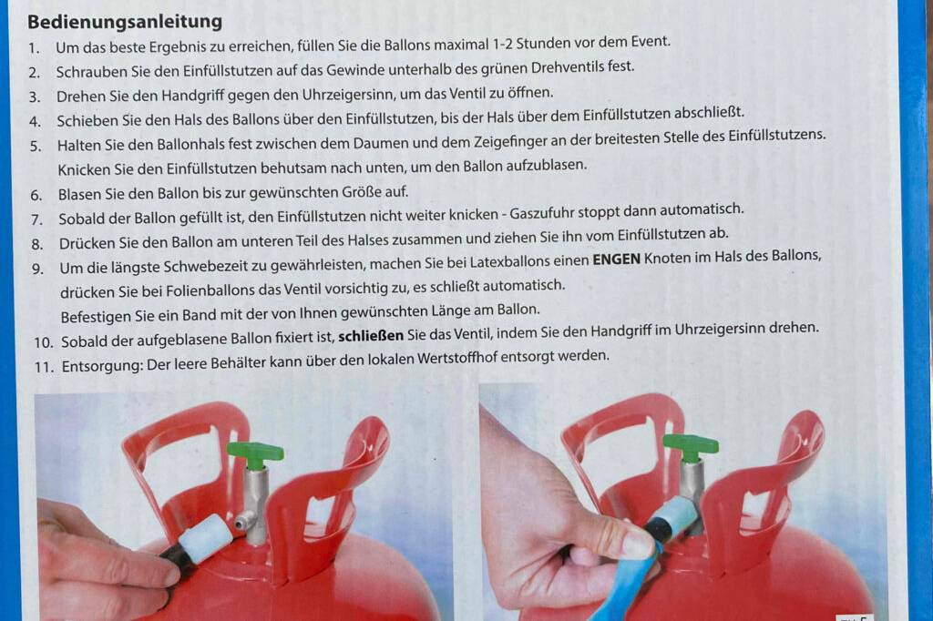 Ballongas im Test: Nahaufnahme der Bedienungsanleitung auf einer Verpackung