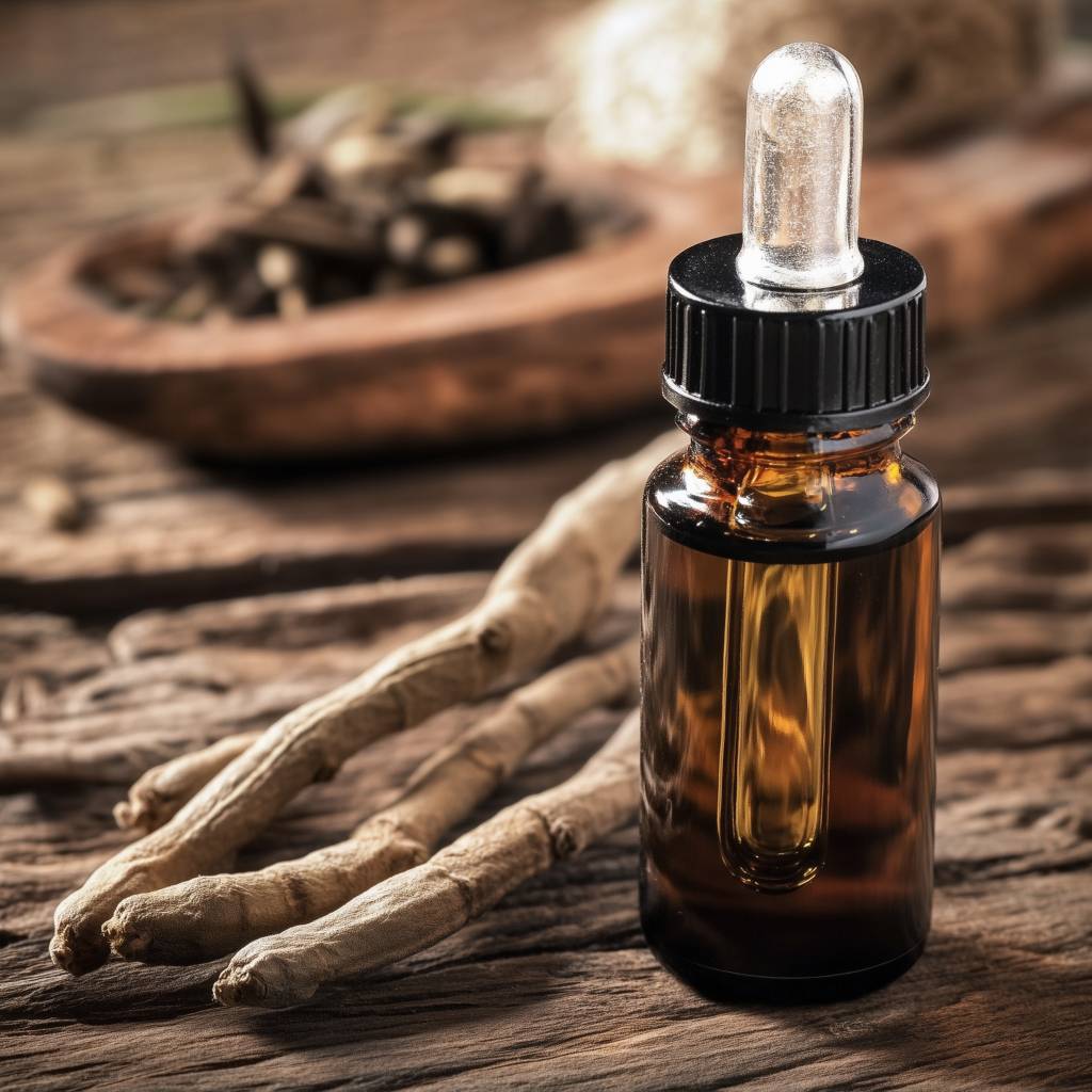 Ashwagandha-Pulver-Test: Neben Ashwagandha steht eine kleine Flasche mit Öl. 