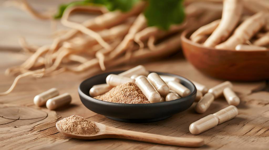 Ashwagandha-Pulver-Test: In einer kleinen Schale befinden sich Ashwagandha-Kapseln und -Pulver. 