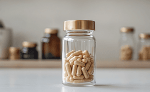Ashwagandha-Pulver-Test: Eine Glasdose mit Kapseln steht auf einer hellen Fläche. 