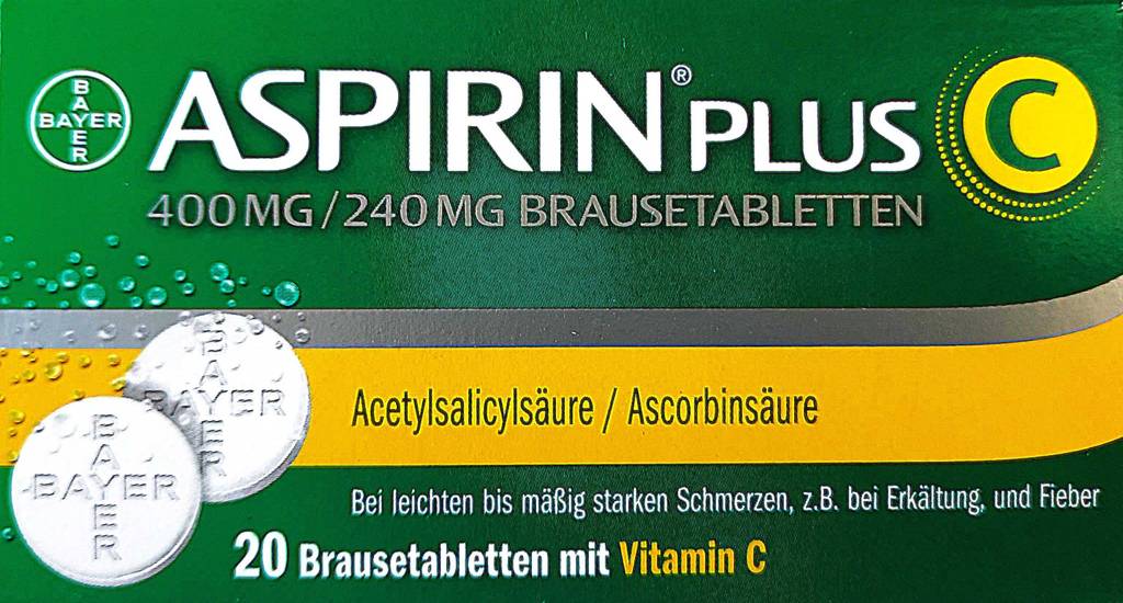 Nahaufnahme der Verpackung mit 20 Brausetabletten der getesteten Aspirin Tabletten.