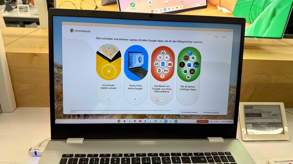 Asus-Chromebook-Test: Detailansicht des eingeschalteten Displays.