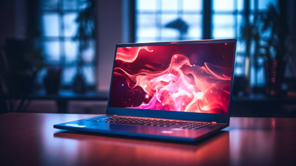 Ein getesteter Asus-ROG-Laptop steht auf einem Tisch und wird rot angeleuchtet. 