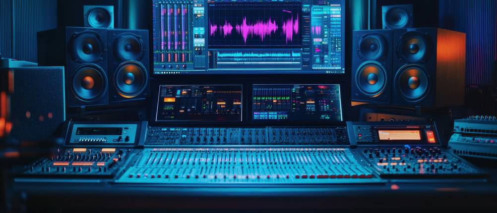 Audio-AI im Test: Ein modernes Tonstudio mit großen Monitoren und komplexer Audio-Software. Die Bildschirme zeigen Klangwellen und Frequenzanalysen.