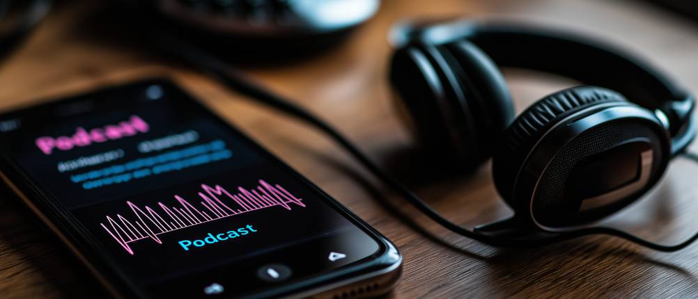 Audio-AI im Test: Ein Smartphone mit einer laufenden Podcast-App und ein Kopfhörer liegen auf einem Holztisch. Der Bildschirm zeigt eine Audio-Wellenform und den Schriftzug „Podcast“.