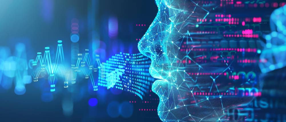 Audio-AI im Test: Digitale Darstellung eines KI-generierten Gesichts mit Audio-Wellen und Datenpunkten im Hintergrund. Die visuelle Gestaltung zeigt moderne Spracherkennungstechnologie.