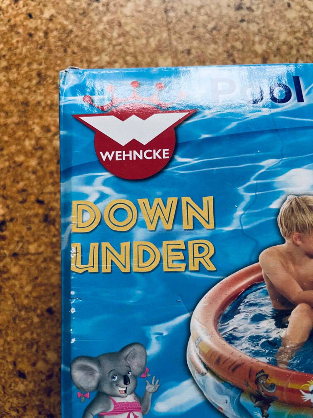 Nahaufnahme des Logos auf der Verpackung eines aufblasbaren Pools im Test.