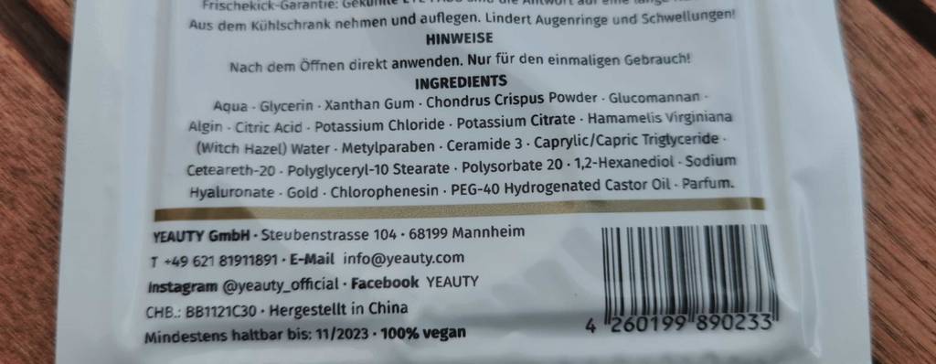 Inhaltsstoffe des Yeauty-Augenpads