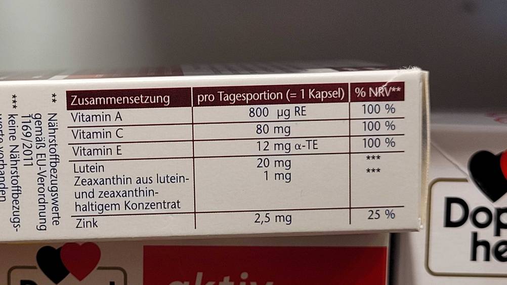 Augenvitamine im Test: Nahaufnahme der Zusammensetzung auf der Packung.