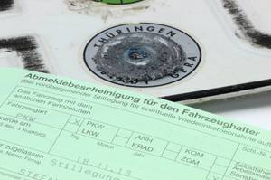 Test der Plattformen zum Auto verkaufen: Ein entwertetes Kennzeichen und eine Abmeldebescheinigung liegen auf einem hellen Hintergrund.