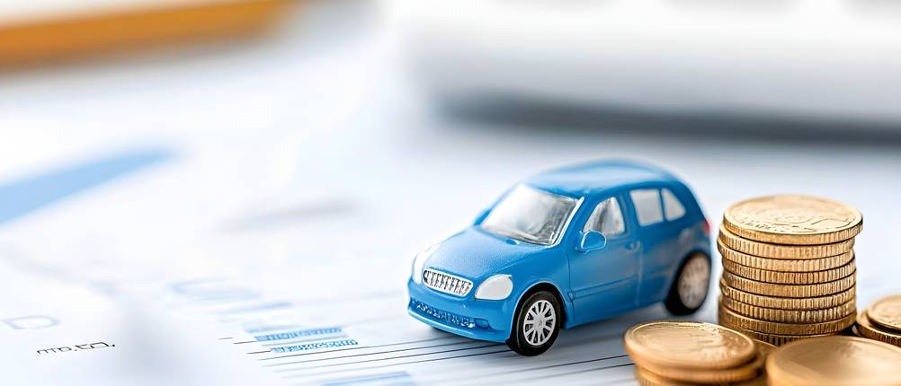 Autokredite im Vergleich: Ein blaues Modellauto und ein Stapel Münzen stehen auf einem Dokument.