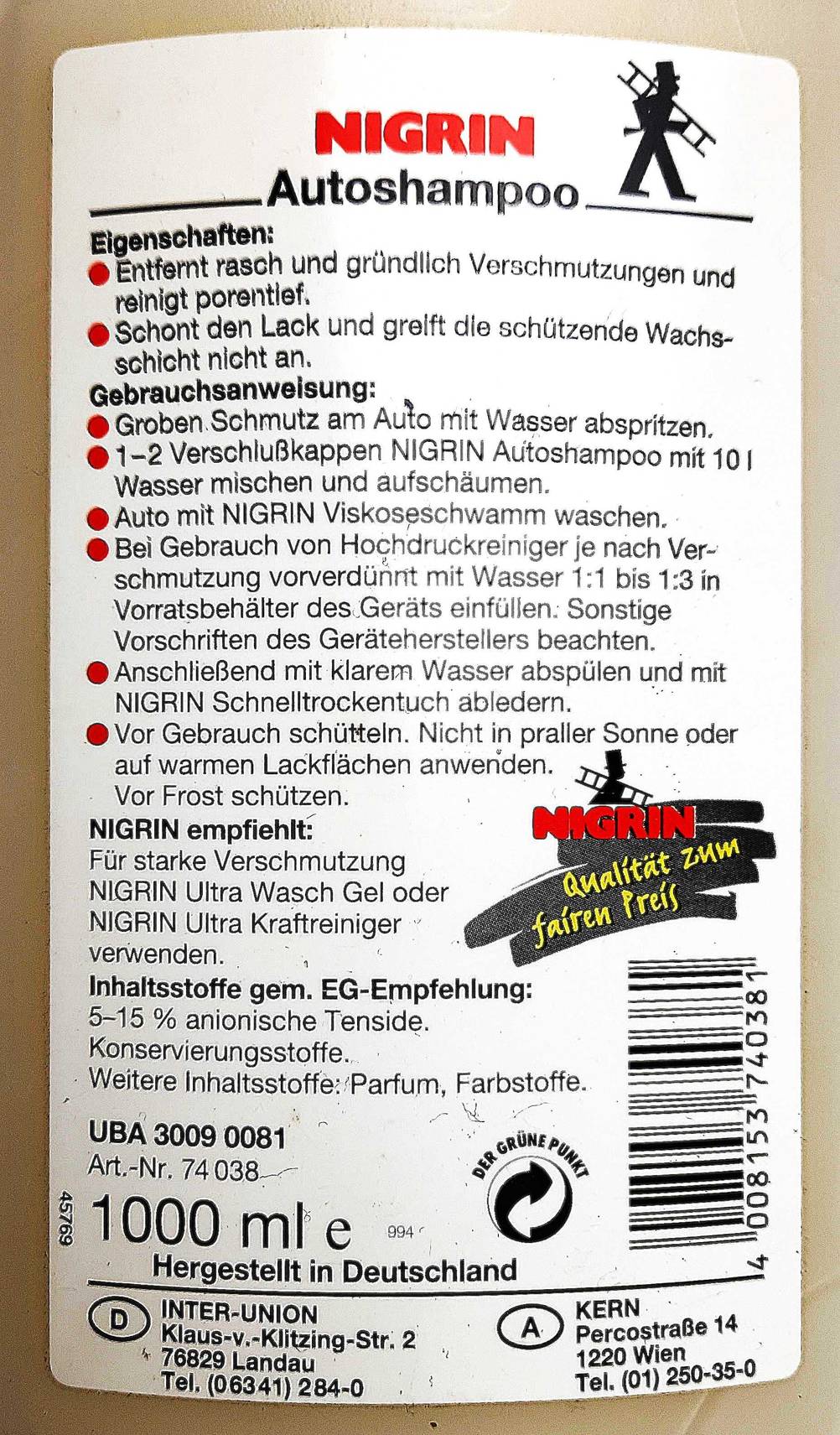 Autopflegemittel getestet: Nahaufnahme des Labels auf der Rückseite.