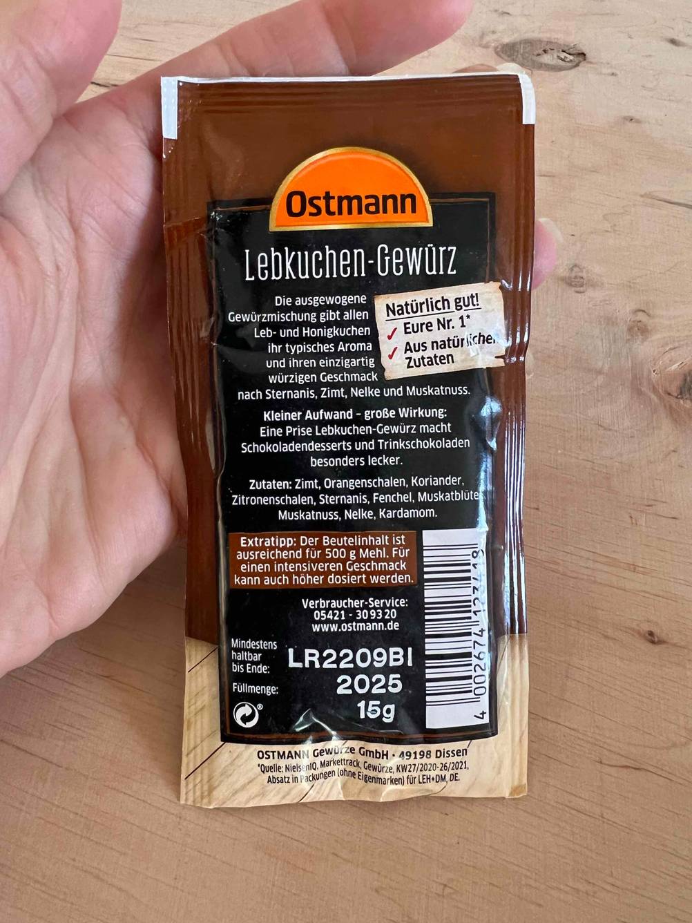 Lebkuchengewürz Rückseite der Verpackung.