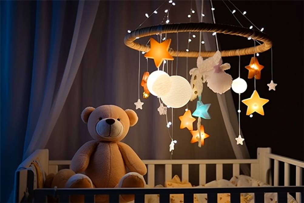 Baby-Mobile im Test: Ein Mobile über einem Babybett, welches mit Sternen und Planeten verziert ist. Außerdem befindet sich eine Lichterkette daran.