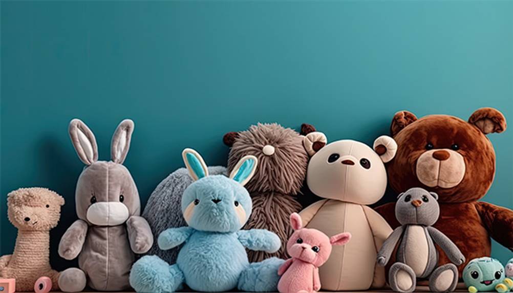 Baby-Spielzeug im Test: Eine reihe süßer Kuscheltiere vor einer blauen Wand. 