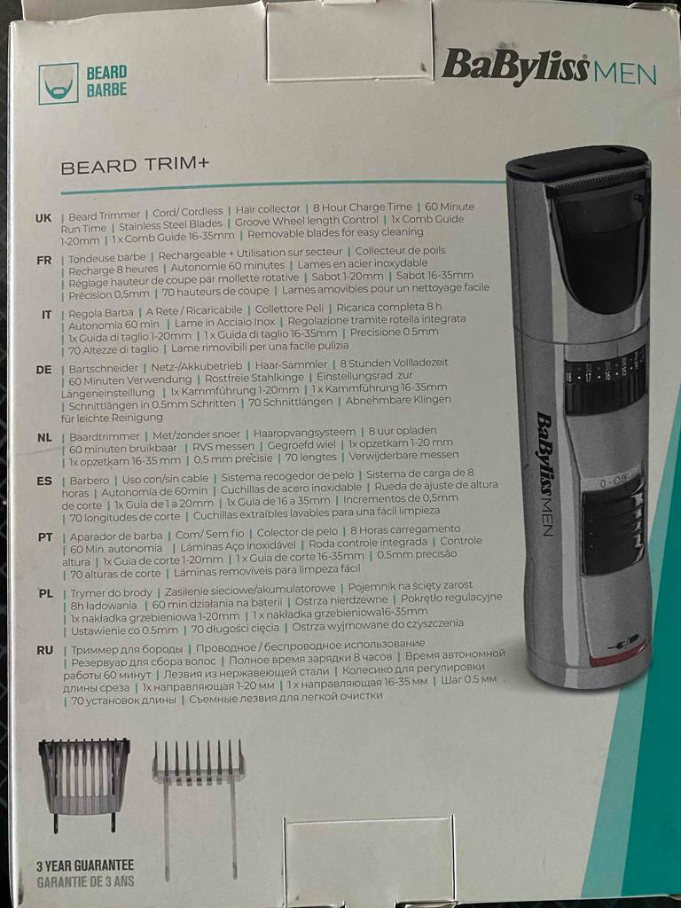 Babyliss-Barttrimmer-Test: Auf der Verpackung stehen Informationen zu den Funktionen.