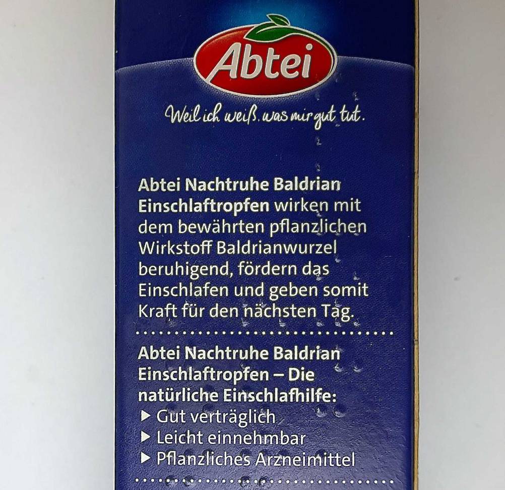 Baldrian-Tropfen-Test: Nahaufnahme der Verpackung mit Informationen.