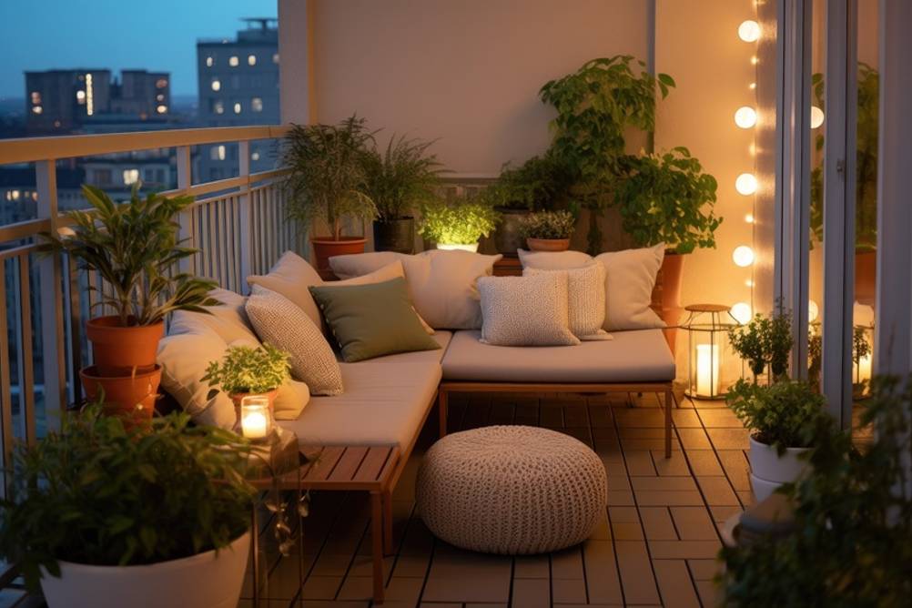 Eine Sitzgarnitur steht auf einem Balkon mit verschiedenen Pflanzen, Kerzen und einer Lichterkette.