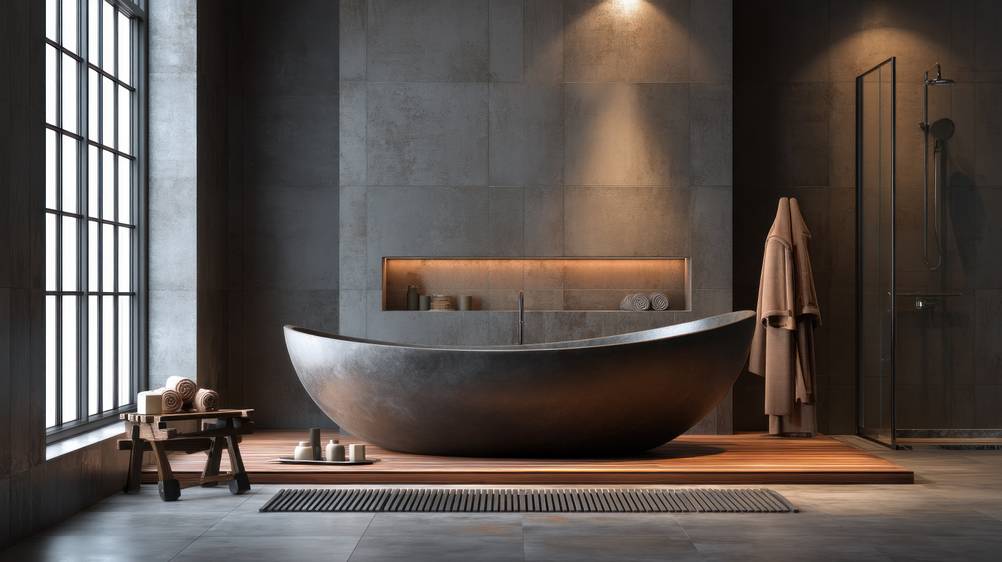 Bambusteppich-Test: Eine braune Matte aus Bambus liegt vor einer Badewanne in modernem Stil.