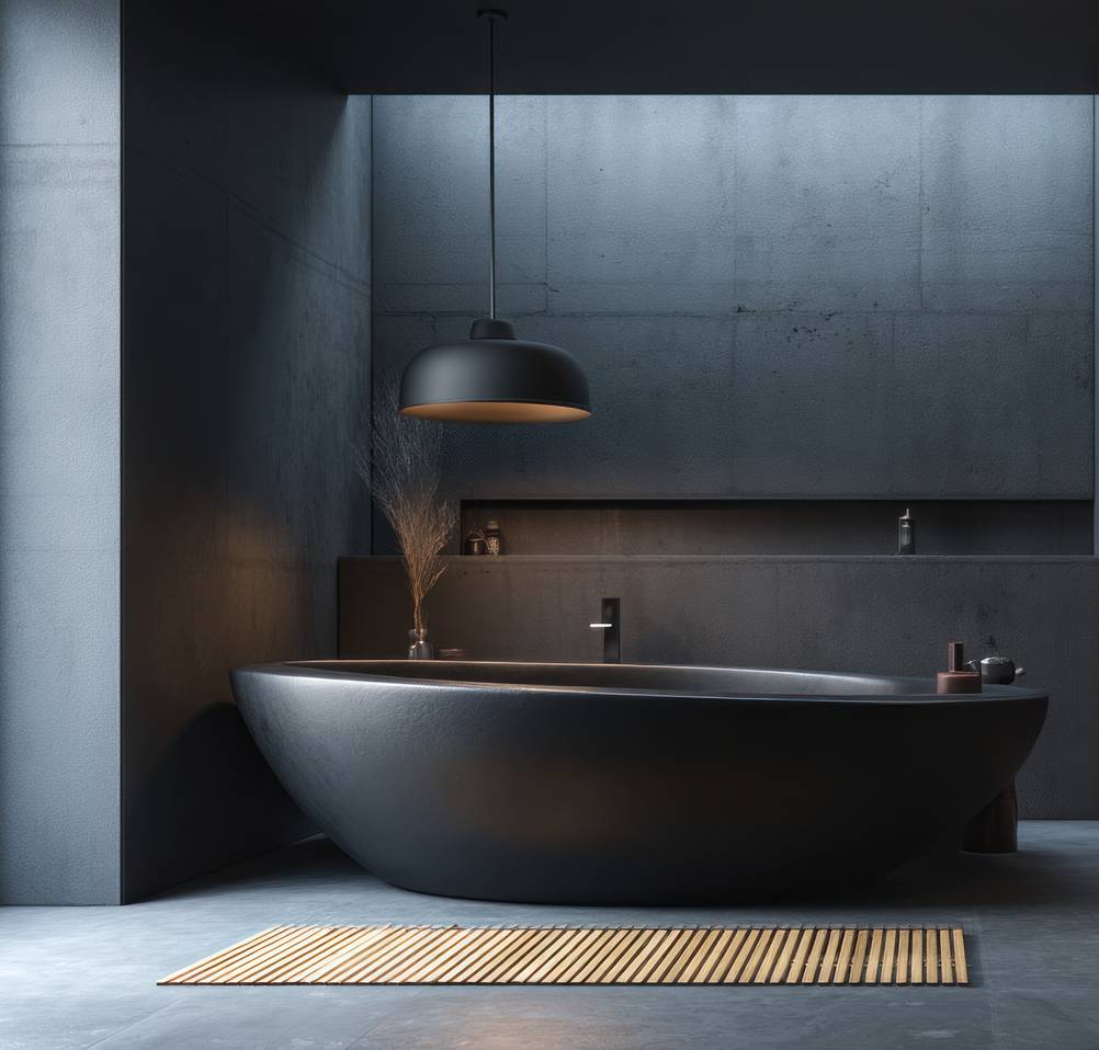 Bambusteppich-Test: Eine naturfarbene Matte aus Bambus liegt vor einer Badewanne.