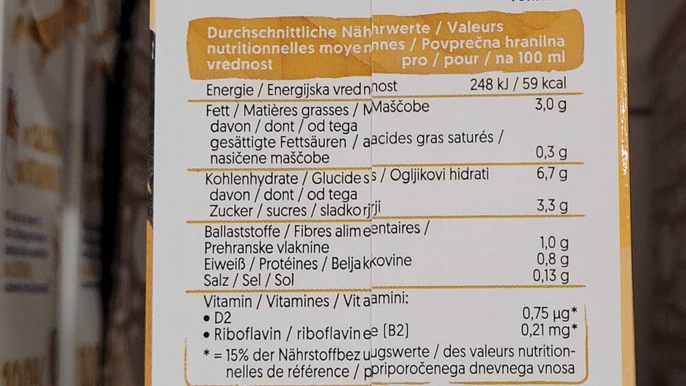 Barista-Haferdrink im Test: Nahaufnahme der Nährwerte.