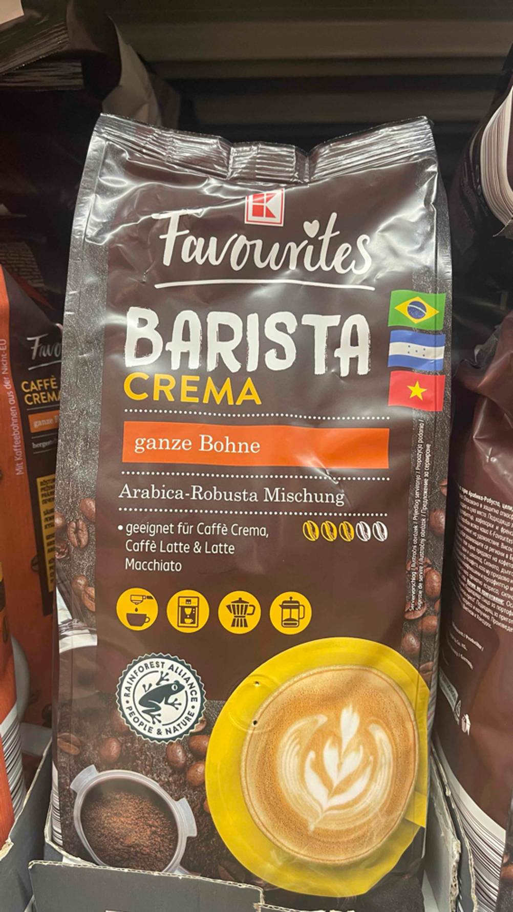 Barista-Kaffeebohnen-Test: Auf der Vorderseite einer Packung ist die Stärke angegeben.
