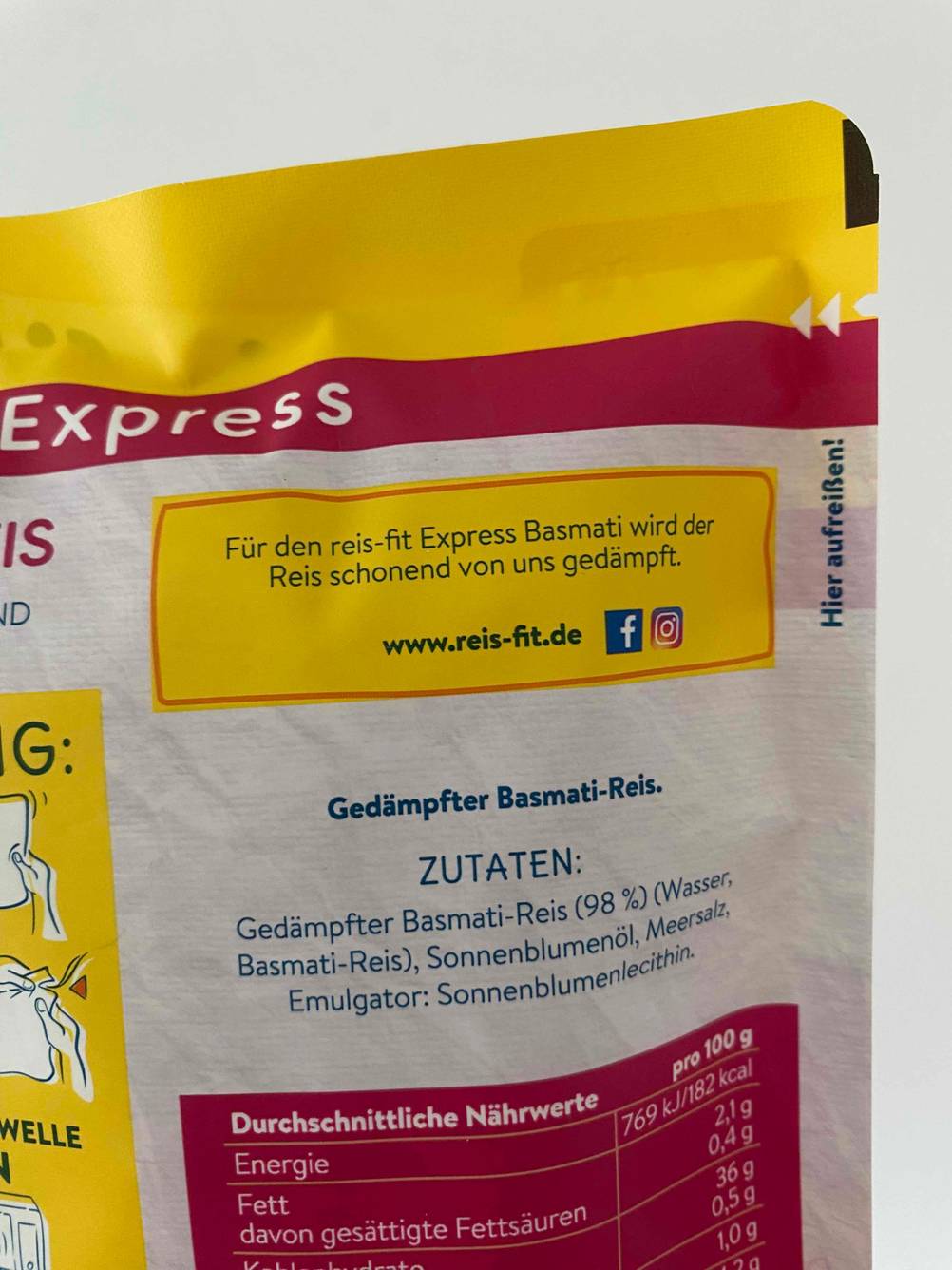 Basmatireis getestet: Nahaufnahme der Rückseite mit Informationen zum Produkt.