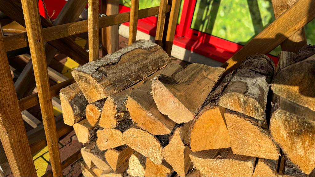 Detailansicht der getesteten Brennholz-Stücke, die in einem Verkaufsregal liegen.